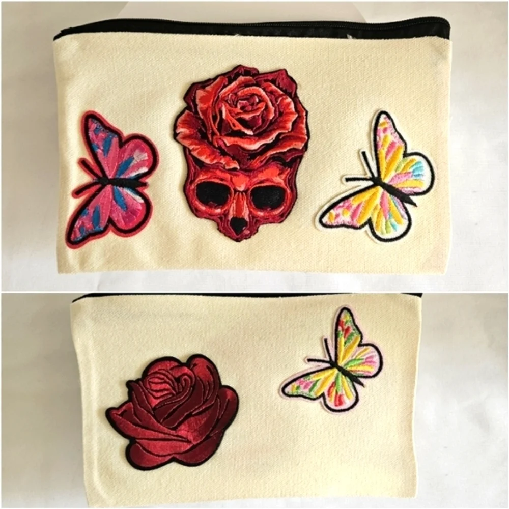 Hand Crafted embroidered bag red skull multicolored butterflies red rose rustic